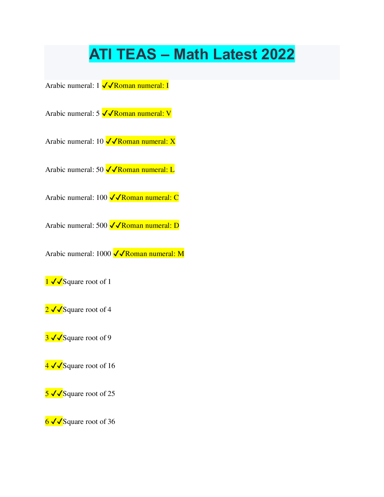 Preview image of ATI TEAS – Math Latest 2022 document